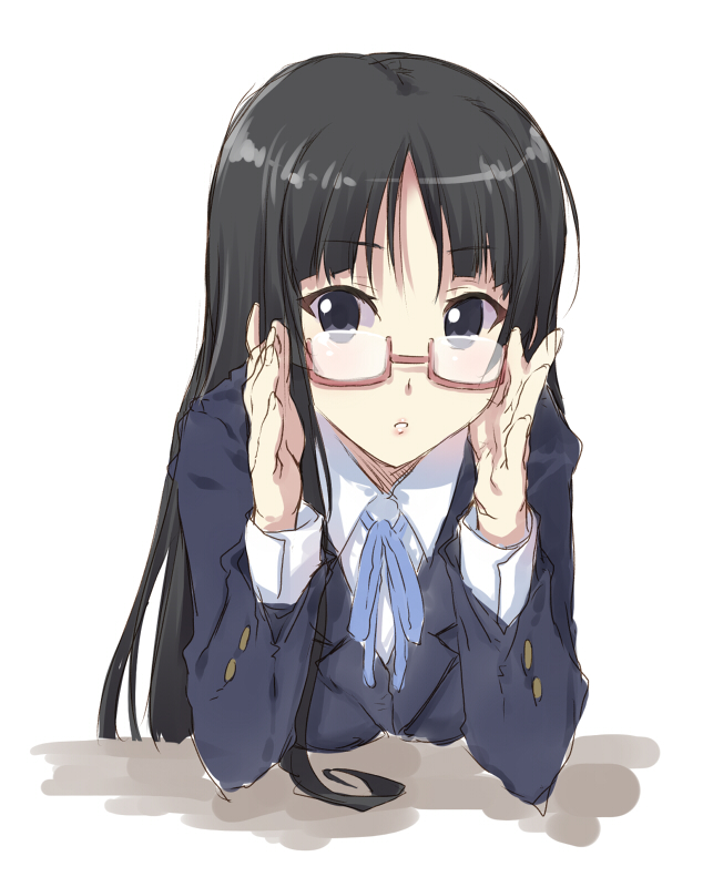 adjusting_glasses, akari_maki, akiyama_mio, bespectacled, black_eyes, black_hair, blazer, brown-framed_glasses