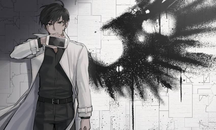 angel_with_a_shotgun, black_hair, black_shirt, coat, collared_shirt, drawn_wings, facing_viewer, hand_up