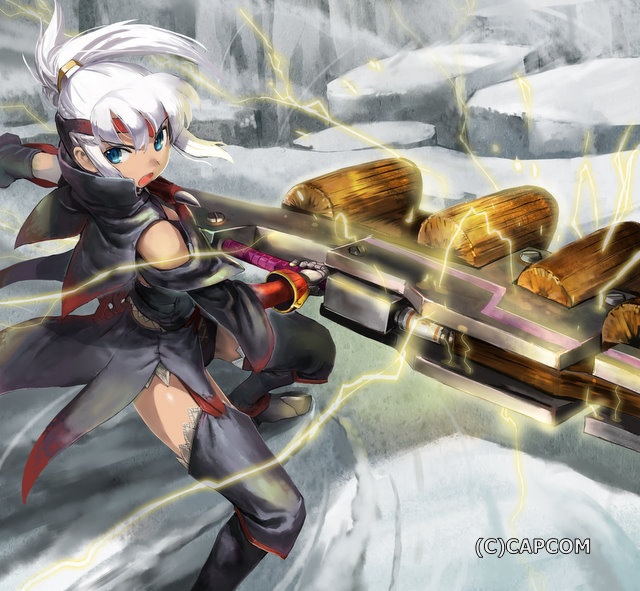 blue_eyes, boots, capcom, electricity, garter_straps, gigginox_(armor), gloves, headband