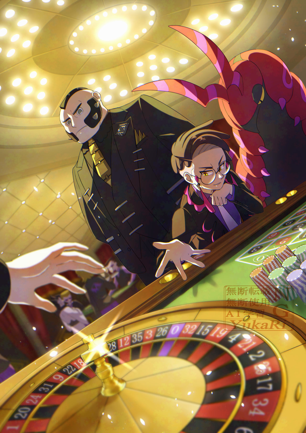 6+boys, black-framed_eyewear, black_hair, black_suit, casino, collared_shirt, commentary_request, corbeau_(pokemon)