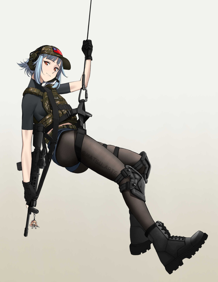 1girl, absurdres, alternate_costume, artist_name, assault_rifle, black_boots, black_gloves, black_pantyhose
