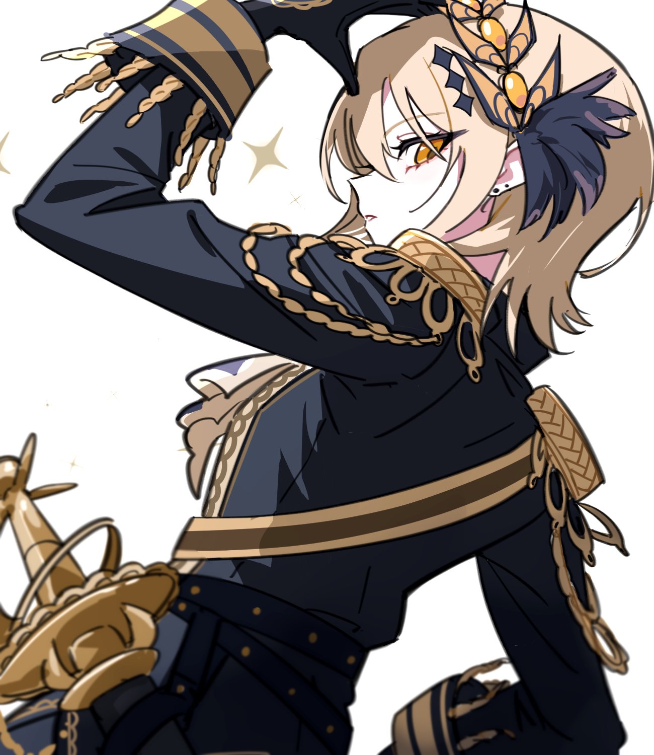 1girl, arm_up, black_gloves, black_jacket, blonde_hair, commentary_request, epaulettes, from_behind