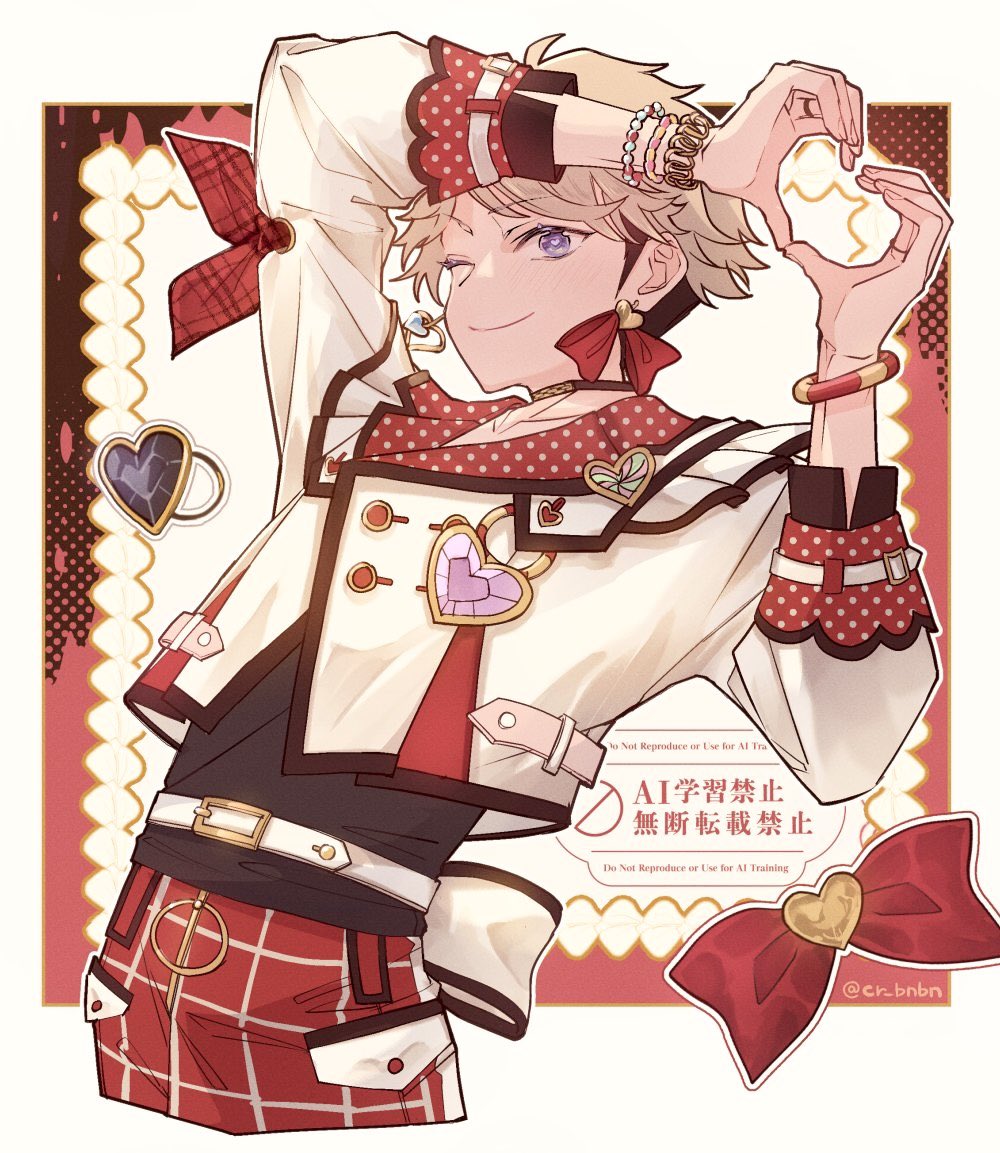 1boy, belt, belt_buckle, black_gem, blonde_hair, bow, bracelet, buckle, closed_mouth, commentary, cowboy_shot, earrings, ensemble_stars!, fingernails, gem, heart, heart_hands, jewelry, layered_clothes, machinoko_(cr_bnbn), made_me_(ensemble_stars!), male_focus, narukami_arashi, official_alternate_costume, one_eye_closed, pink_gem, red_bow, short_hair, smile, solo, three-quarter_sleeves, twitter_username, very_short_hair, violet_eyes, watermark, white_belt