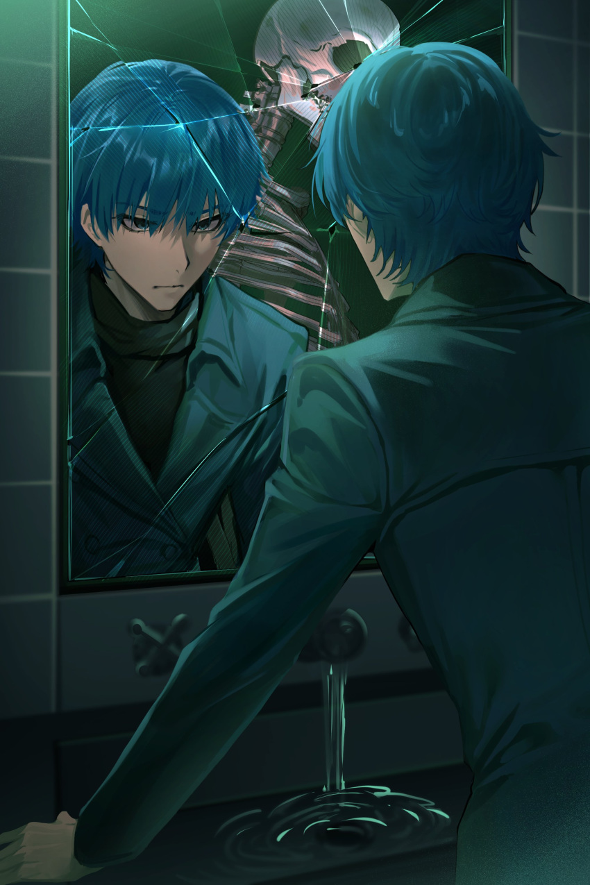 1boy, absurdres, black_eyes, blue_hair, broken_mirror, closed_mouth, coat, commentary_request