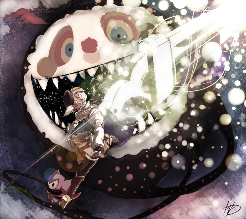 blonde_hair, blurry, bokeh, boots, breasts, brown_legwear, charlotte_(madoka_magica), closed_eyes