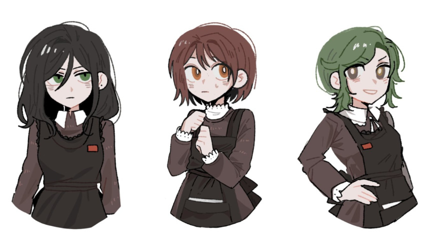 3girls, apron, asya_shubina, black_apron, bright_pupils, brown_dress, brown_eyes, brown_hair, dress, green_eyes, green_hair, ib11843, ira_grachevskaya, long_hair, long_sleeves, marina_kaplan, multiple_girls, school_uniform, short_hair, simple_background, soviet_school_uniform, white_background, z.a.t.o._//_i_love_the_world_and_everything_in_it