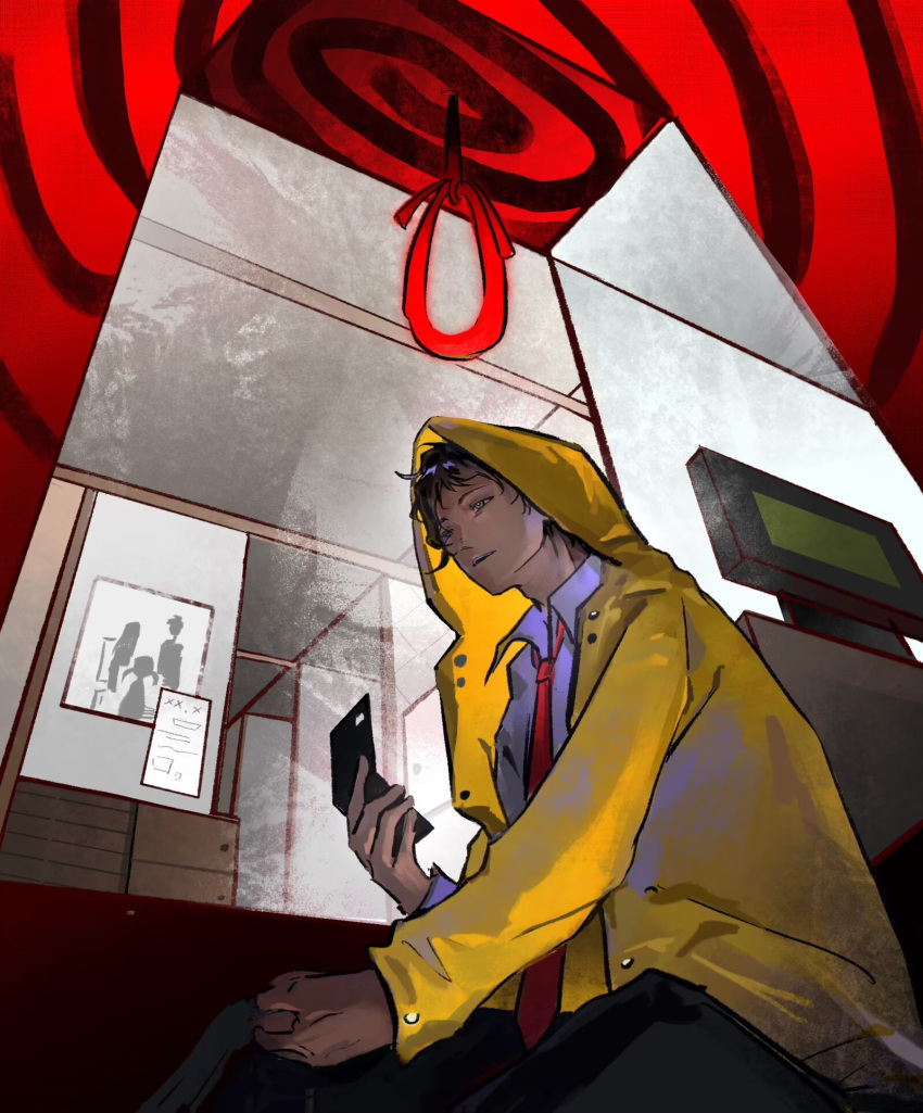 1boy, adachi_tooru, black_hair, black_pants, collared_shirt, grey_eyes, hashtag-only_commentary, highres