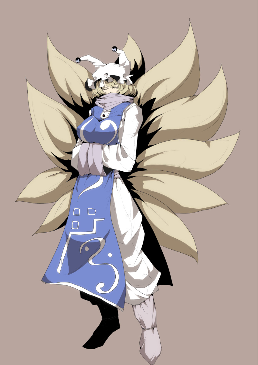 bad_id, blonde_hair, breast_hold, breasts, closed_eyes, eyes_closed, fox_tail, hands_in_sleeves, hat, highres, mosamosa1110, multiple_tails, short_hair, solo, standing, tail, touhou, yakumo_ran