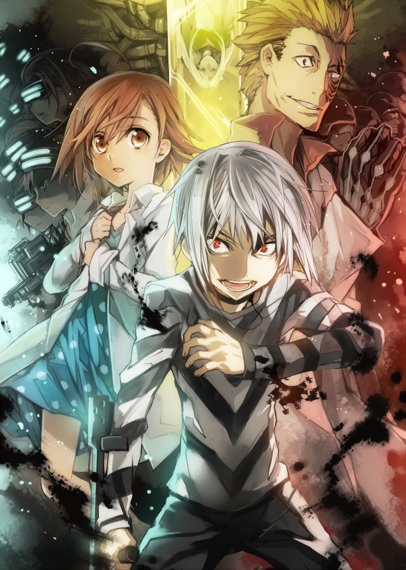 albino, aleister_crowley, brown_eyes, brown_hair, bunbun, crutch, dress, gloves, grin, gun, head_mounted_display, jacket, kihara_amata, last_order, misaka_imouto, open_mouth, red_eyes, short_hair, smile, to_aru_majutsu_no_index, weapon, white_hair