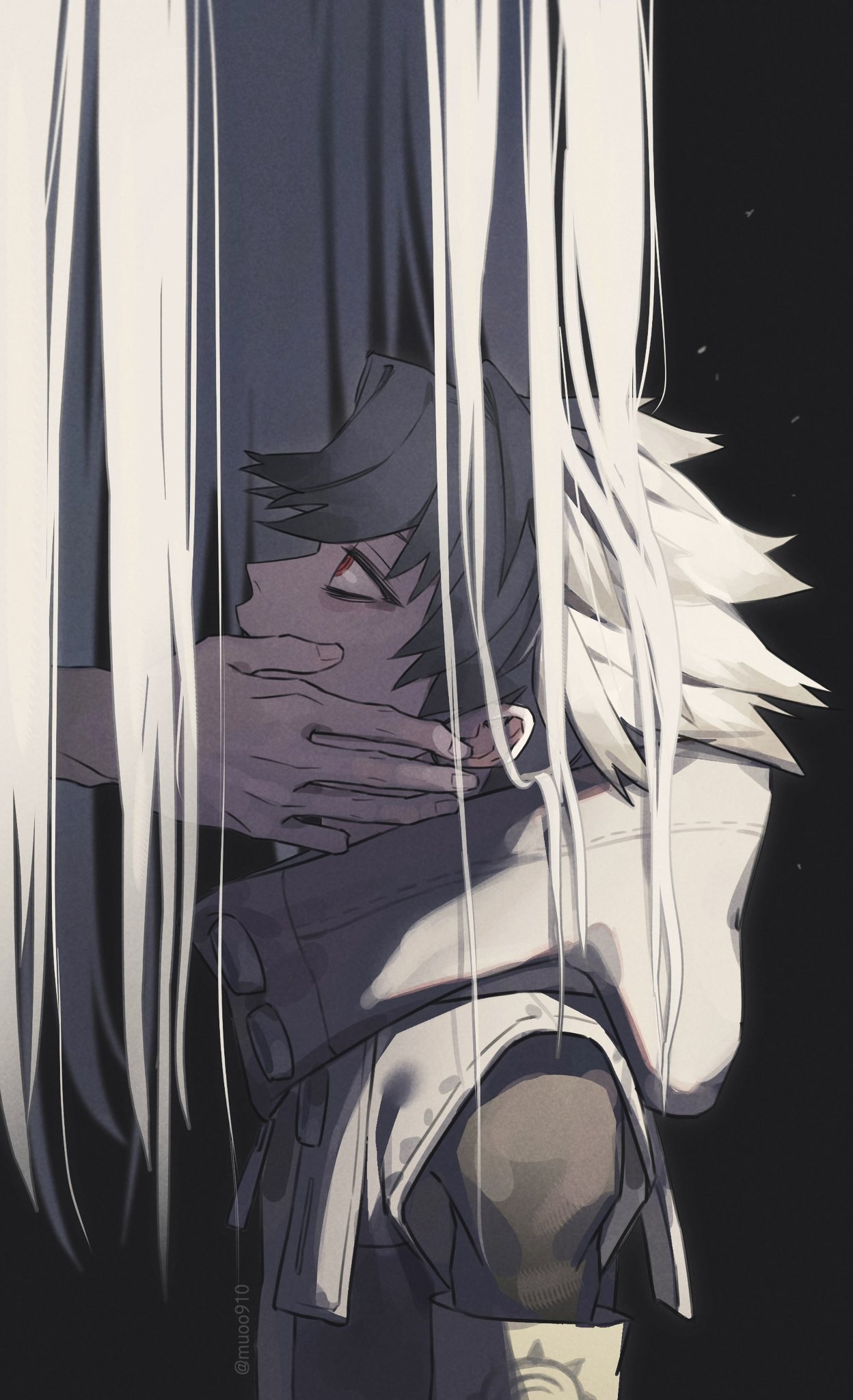 2boys, black_background, gachiakuta, gradient_hair, hands_on_another's_cheeks, hands_on_another's_face, highres, hood