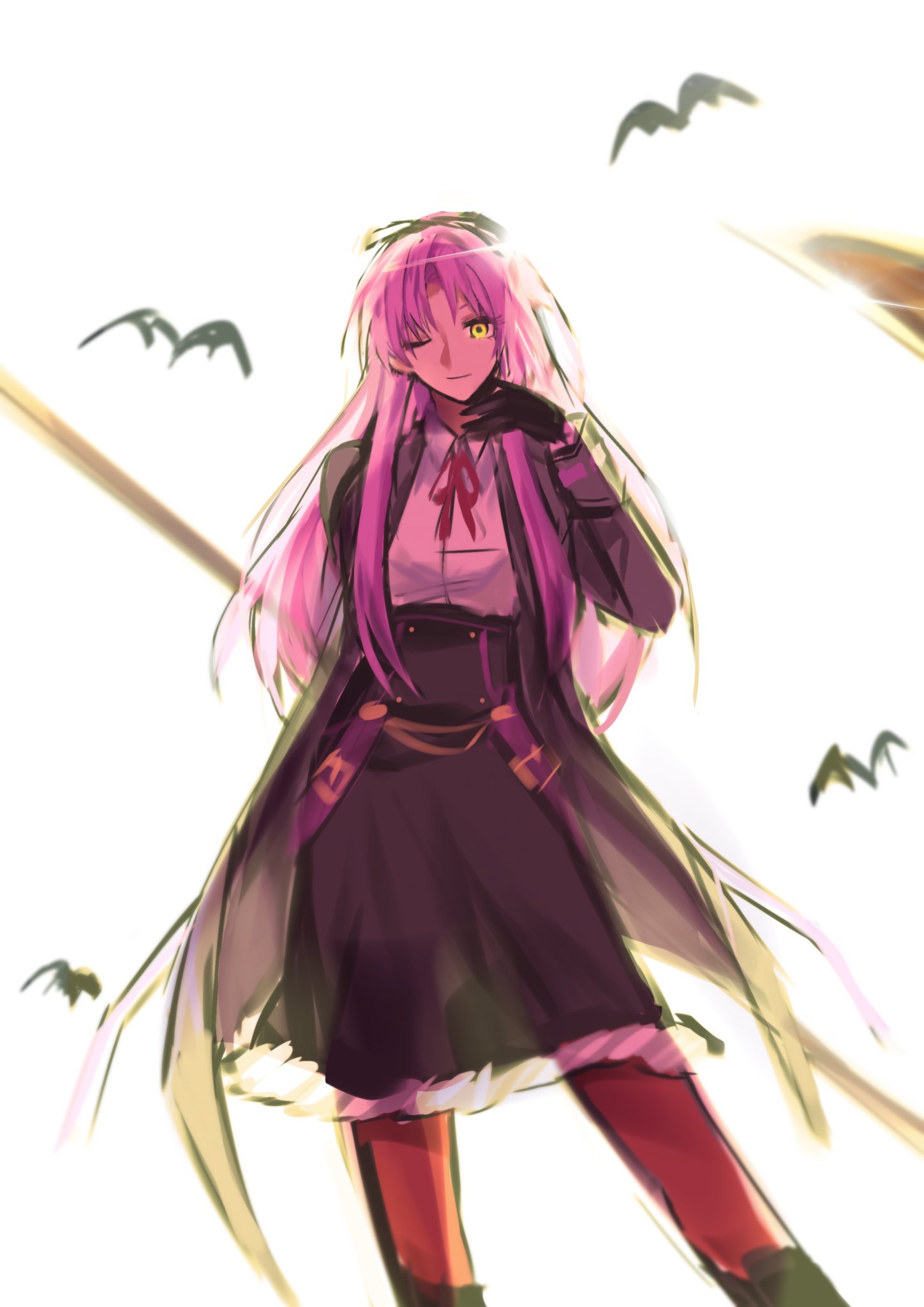 1girl, bat_(animal), biuedestinati0n, black_gloves, breasts, closed_mouth, coat, commentary_request