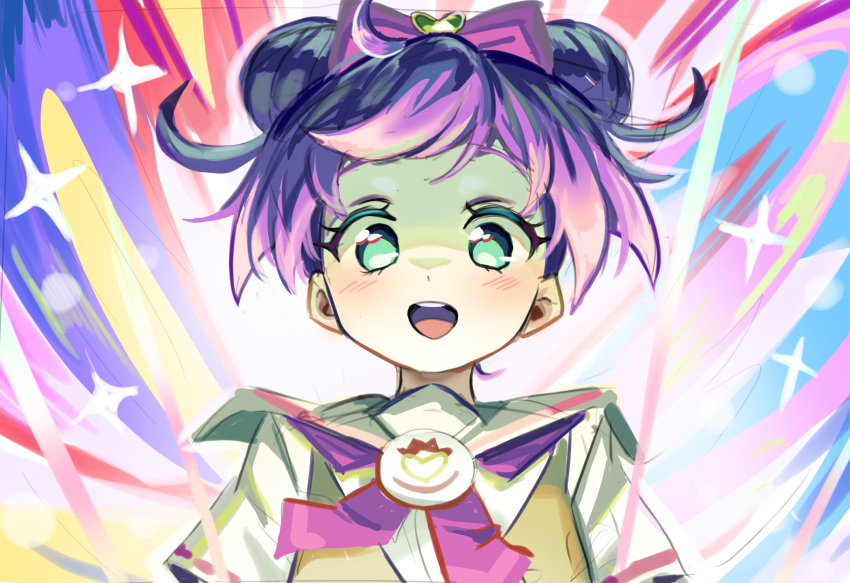 1girl, :d, bow, double_bun, english_commentary, green_eyes, hair_bun, highres