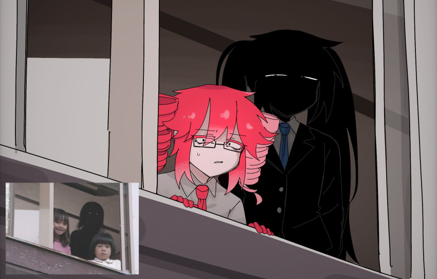 2girls, another_cup_(synthesizer_v), black_hair, black_jacket, blue_necktie, check_copyright, collared_shirt, copyright_request