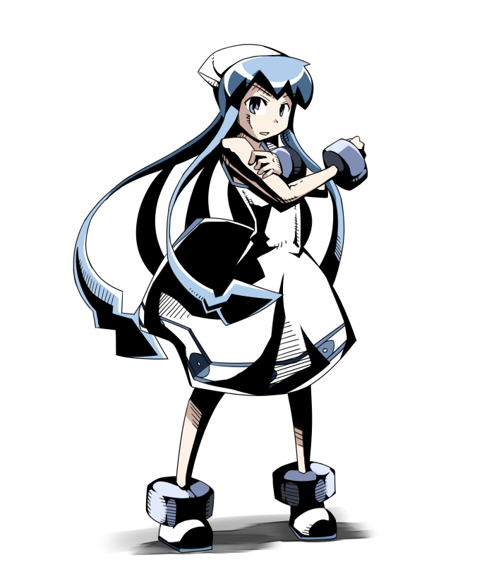 blue_eyes, blue_hair, bracelet, dress, hat, ikamusume, jewelry, kaka_(kirby126), long_hair, shinryaku!_ikamusume, solo, standing, tentacle_hair