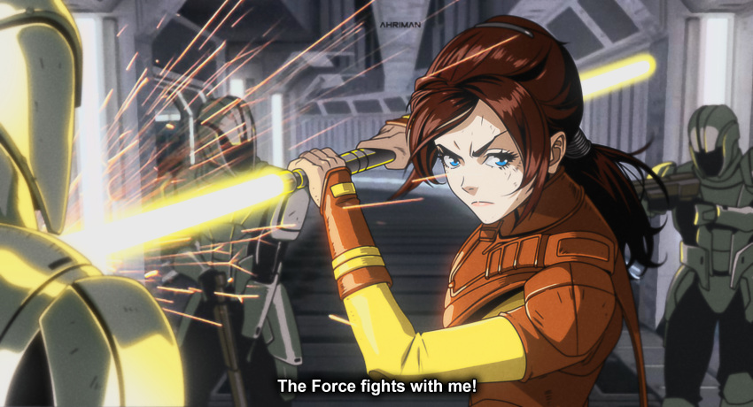 1girl, 3boys, armor, bastila_shan, blue_eyes, brown_hair, dmitry_grozov, double_bladed_lightsaber