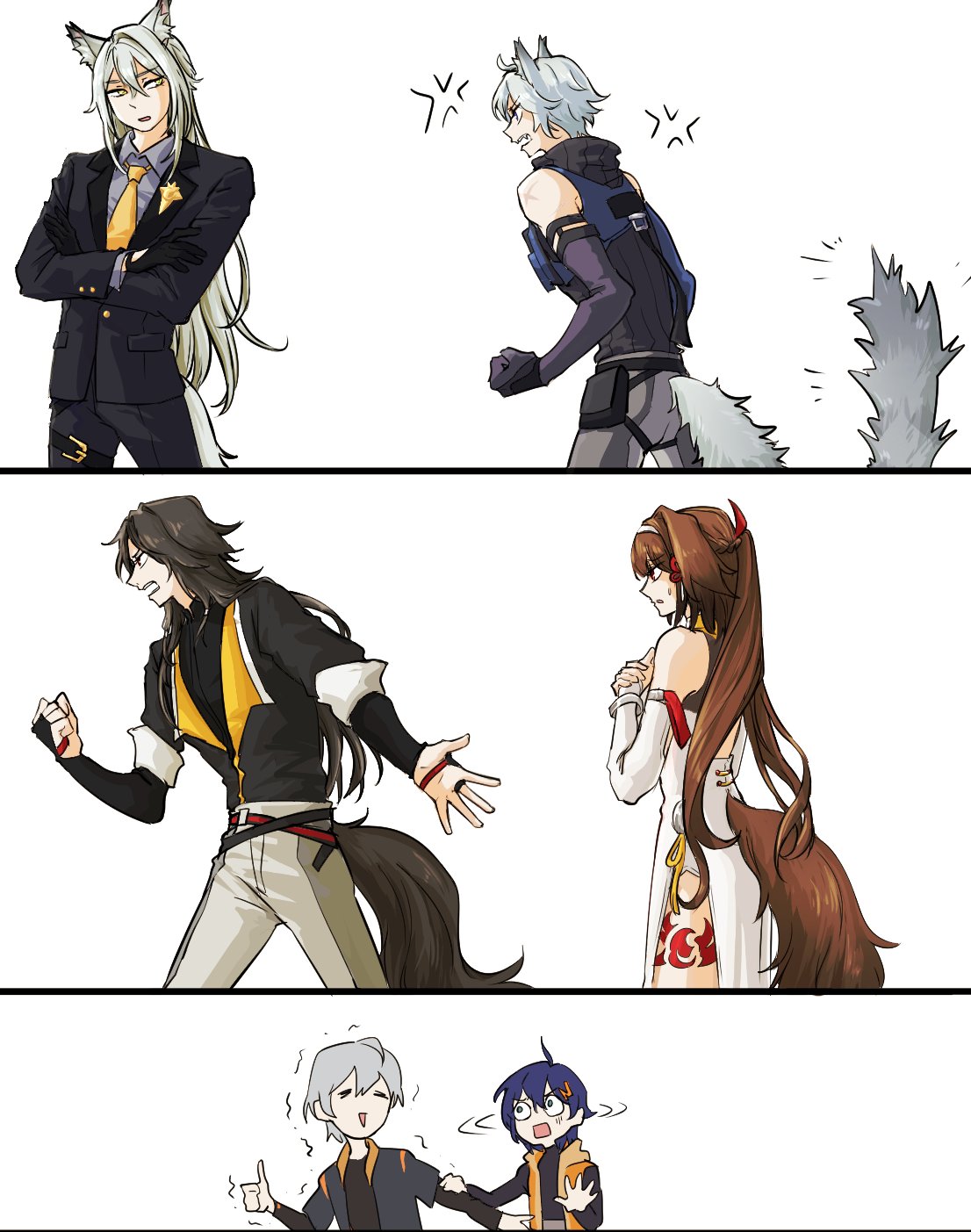 2girls, 4boys, ahoge, anger_vein, animal_ear_fluff, animal_ears, bare_shoulders, belle_(zenless_zone_zero)