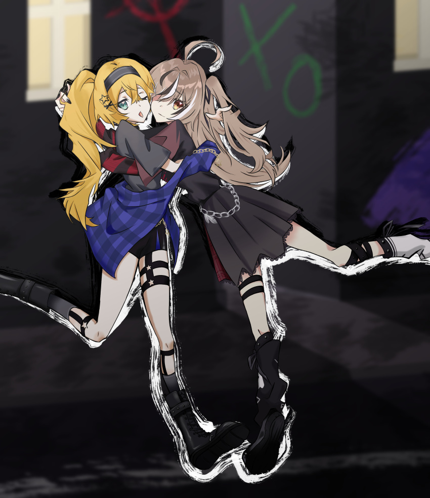 absurdres, black_hair, black_nails, black_skirt, blonde_hair, blue_jacket, blush, brown_eyes, brown_hair, collar, dokibird, dokibird_(alt-girl_doki), green_eyes, hair_ornament, hair_over_one_eye, highres, hololive, hololive_english, indie_virtual_youtuber, jacket, jewelry, long_hair, looking_at_viewer, multicolored_hair, nanashi_mumei, nanashi_mumei_(emo), necklace, official_alternate_costume, ponytail, shirt, skirt, streaked_hair, very_long_hair, virtual_youtuber, white_hair