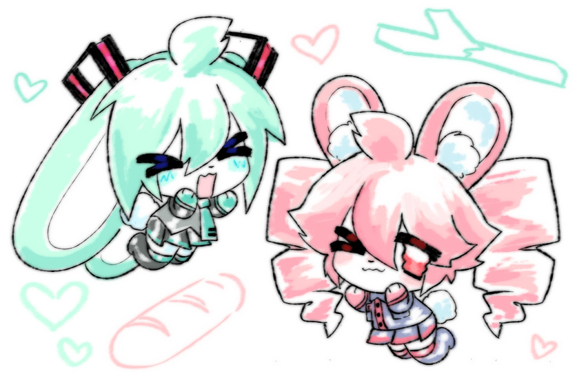 >_<, 2girls, ahoge, animal_ears, aqua_hair, baguette, blush, bread, chibi, chibi_only, chibikemo, commentary, detached_sleeves, drill_hair, food, furrification, furry, furry_female, hair_between_eyes, hair_ornament, hatsune_miku, heart, highres, kasane_teto, kasane_teto_(utau), long_hair, long_sleeves, looking_at_viewer, mikusagi, multiple_girls, necktie, one_eye_closed, open_mouth, rabbit_ears, rabbit_girl, rabbit_tail, red_eyes, red_hair, shirt, simple_background, skirt, sleeveless, sleeveless_shirt, smile, spring_onion, tail, thigh-highs, twin_drills, twintails, utau, very_long_hair, vocaloid, white_background