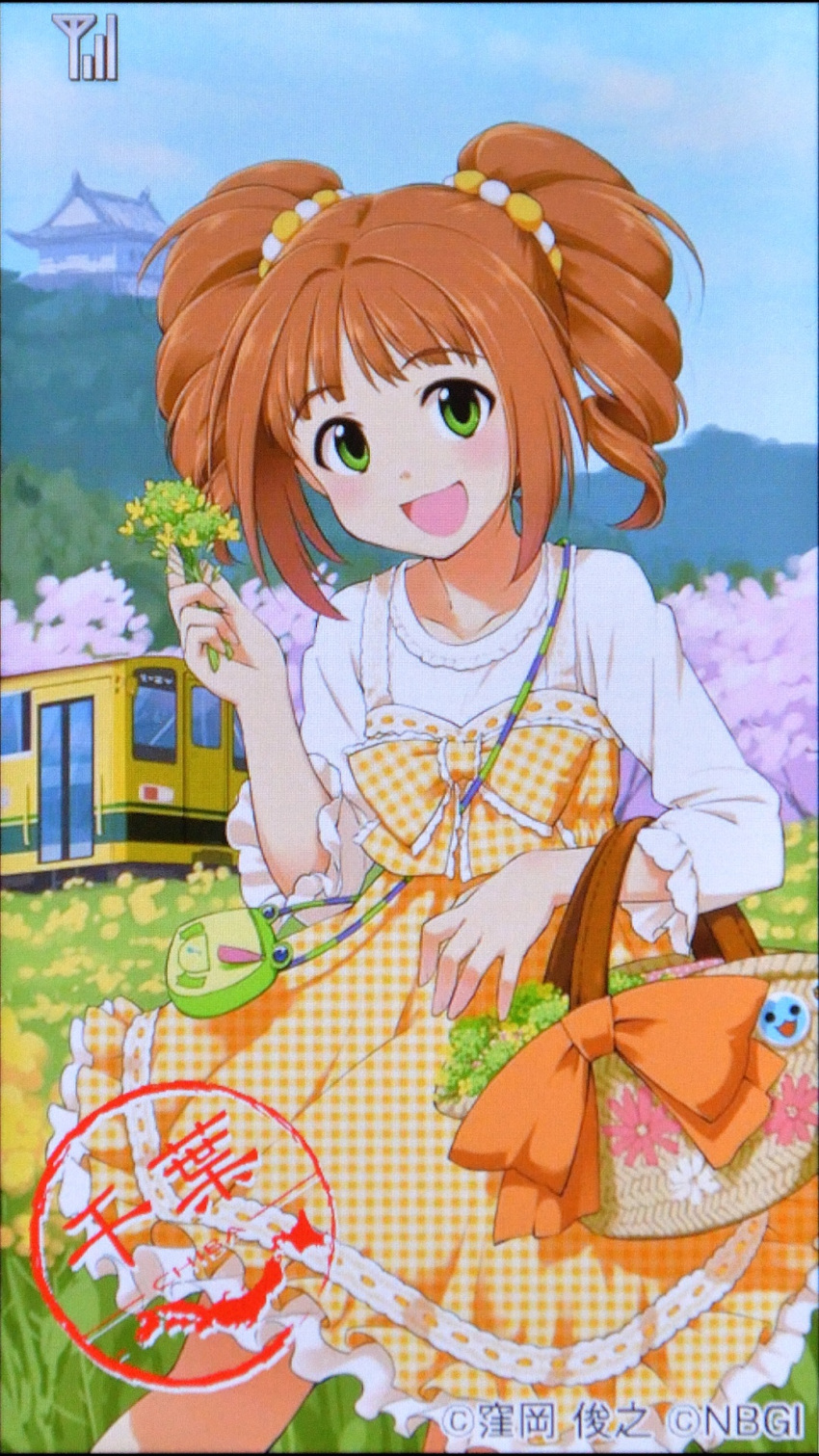 1girl, :d, basket, checkered_clothes, checkered_dress, chiba_prefecture, copyright_notice, day