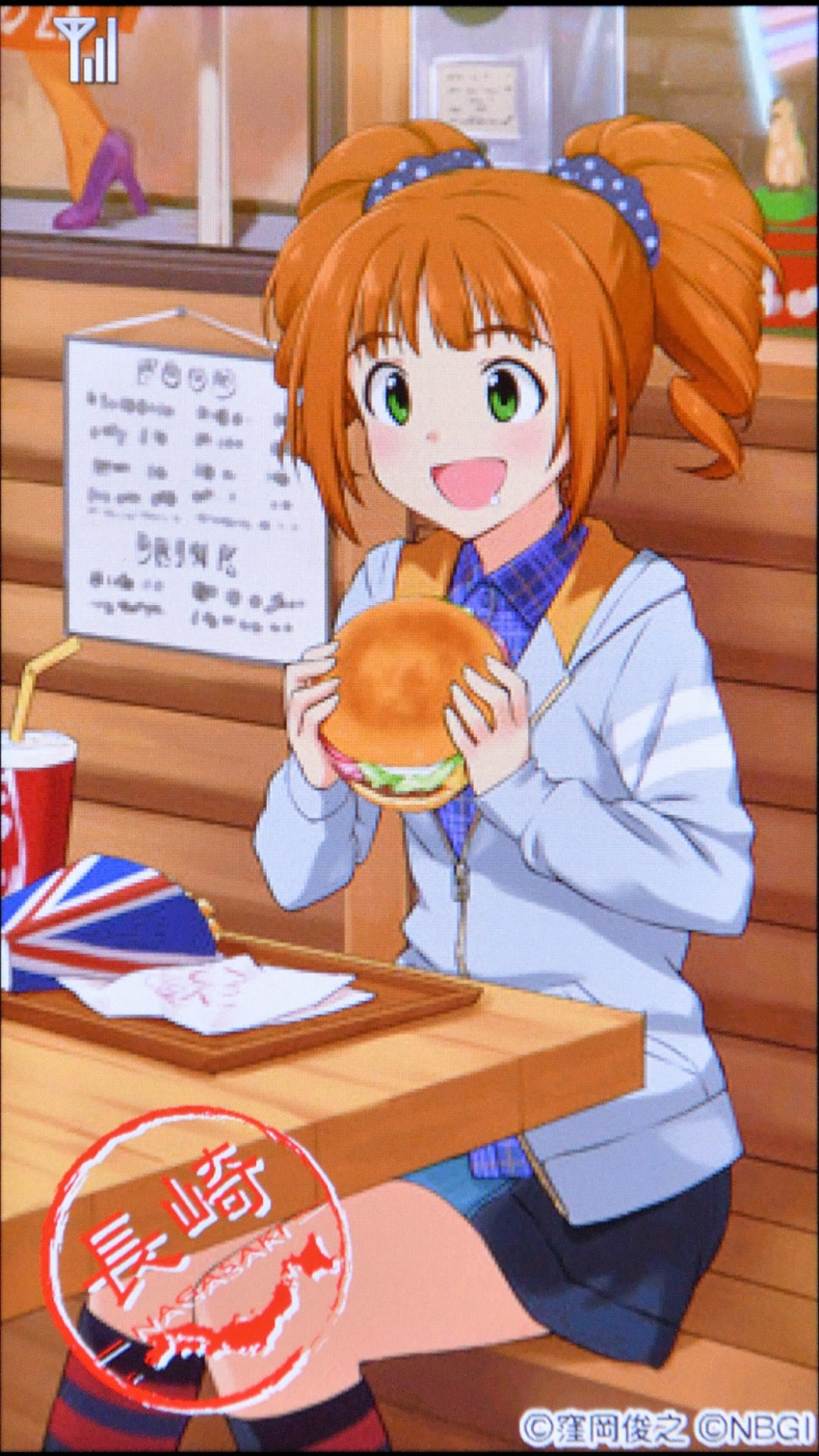 1girl, :d, booth_seating, burger, copyright_notice, cup, disposable_cup, food