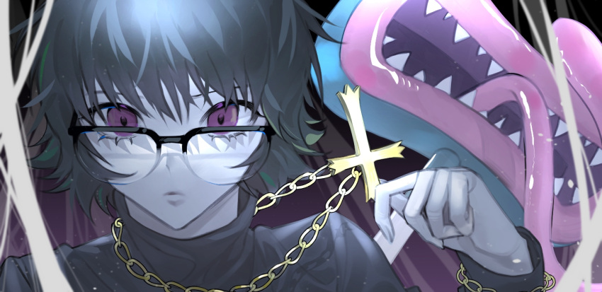 1girl, ah_himdler, black-framed_eyewear, black_background, black_hair, blinky_(hunter_x_hunter), commentary, cross, cross_necklace, eyelashes, glasses, gradient_background, holding, holding_jewelry, holding_necklace, hunter_x_hunter, inverted_cross, inverted_cross_necklace, jewelry, long_sleeves, looking_at_viewer, necklace, parted_lips, portrait, purple_background, shizuku_murasaki, short_hair, solo, sweater, tongue, turtleneck, turtleneck_sweater, violet_eyes