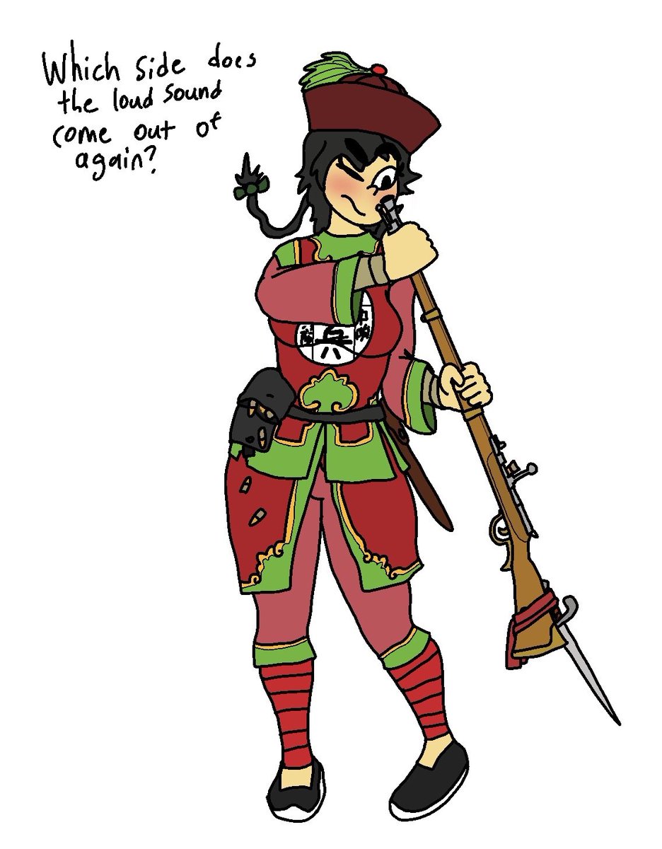 antique_firearm, chinese_empire, english_text, firelock, flintlock, gun, highres, light_blush, looking_down_barrel_of_gun, one_eye_closed, original, ponytail, qing_dynasty, shengongfuti, soldier, weapon