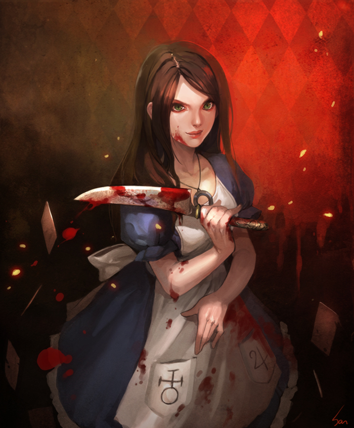 alice_(wonderland), alice_in_wonderland, american_mcgee's_alice, american_mcgee's_alice, apron, blood, bloody_clothes, brown_hair