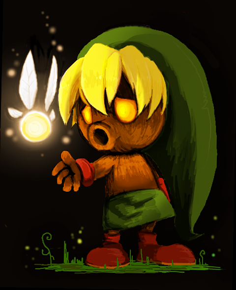 1boy, arm_at_side, azu_(kirara310), black_background, blonde_hair, boots, deku_(zelda), deku_link
