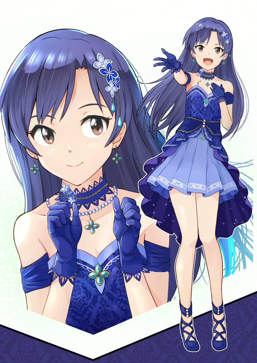 1girl, :d, absurdres, bare_shoulders, blue_choker, blue_dress, blue_gloves, blue_hair