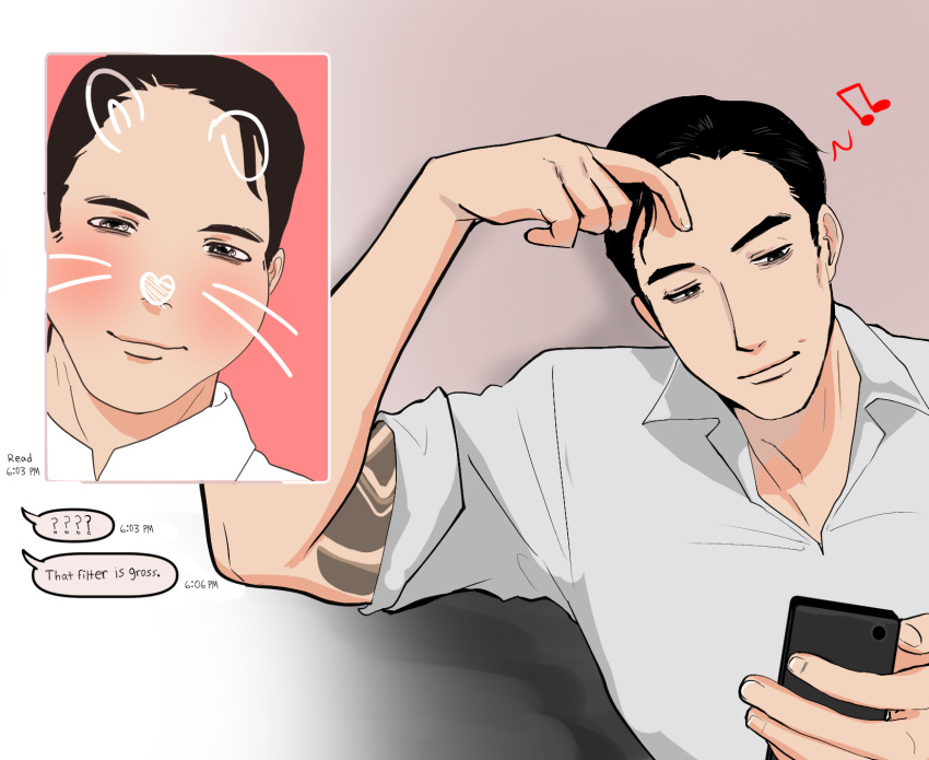 1boy, ?, ??, black_hair, blush, collared_shirt, english_text, famiresu_iko., highres, karaoke_iko!, male_focus, mlady-meowmers, narita_kyouji, phone, selfie, shirt, short_hair, smirk, tattoo, text_messaging, white_shirt