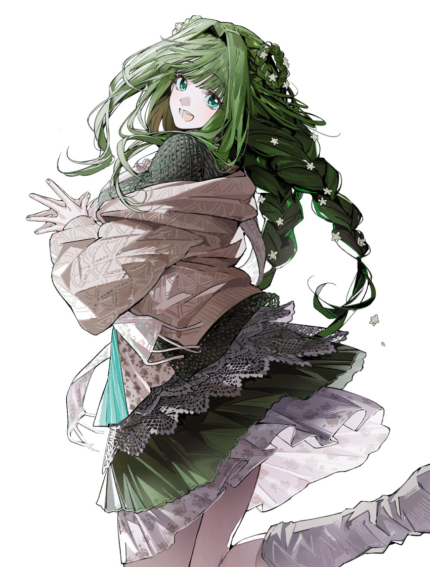 1girl, aqua_eyes, blunt_bangs, braid, braided_hair_rings, breasts, brown_cardigan, brown_sweater