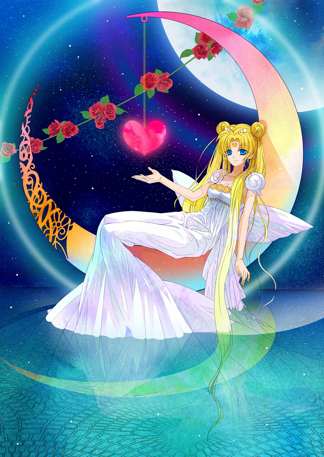 bishoujo_senshi_sailor_moon, blonde_hair, blue_eyes, crescent_moon, double_bun, dress, flower, full_moon, hair_ornament, hairpin, heart, highres, long_hair, moon, princess, princess_serenity, red_rose, rose, sitting, smile, solo, space, star_(sky), tsukino_usagi, twintails, utagedoki, water