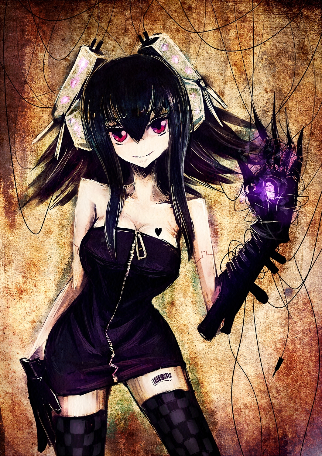 barcode, black_hair, breasts, checkered, checkered_legwear, cleavage, dress, gloves