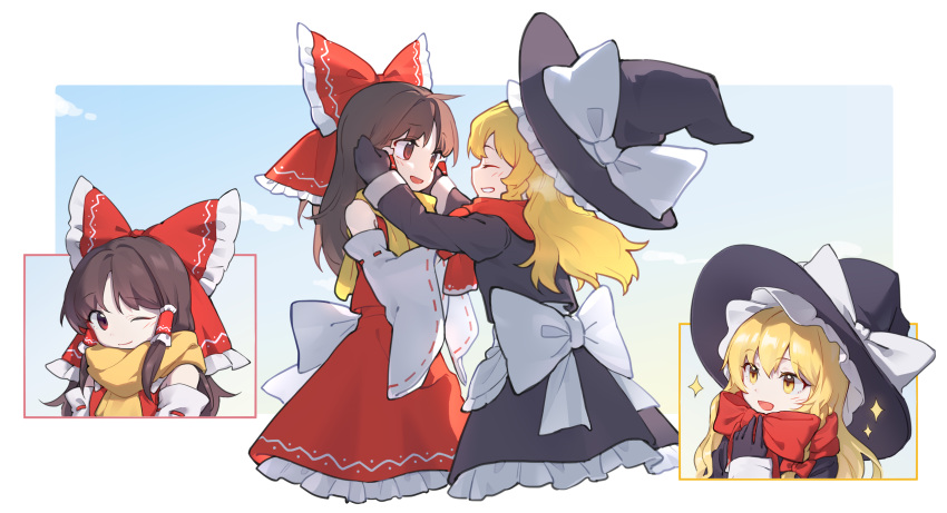 2girls, absurdres, apron, ascot, back_bow, black_gloves, black_hat, black_skirt, black_vest, blonde_hair, bow, brown_eyes, brown_hair, chinese_commentary, closed_mouth, commentary_request, detached_sleeves, frilled_bow, frilled_hair_tubes, frilled_skirt, frills, gloves, grin, hair_bow, hair_tubes, hakurei_reimu, hat, highres, kirisame_marisa, long_hair, multiple_girls, one_eye_closed, open_mouth, red_bow, red_scarf, red_skirt, ribbon-trimmed_sleeves, ribbon_trim, scarf, skirt, skirt_set, smile, touhou, vest, white_apron, white_bow, xiao_xiao_de_dou_sha_bao, yellow_ascot, yellow_scarf, yuri