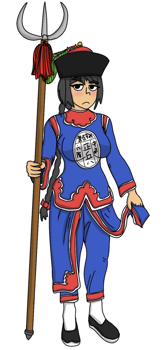 blue_pants, chinese_hat, frown, highres, light_blush, original, pants, polearm