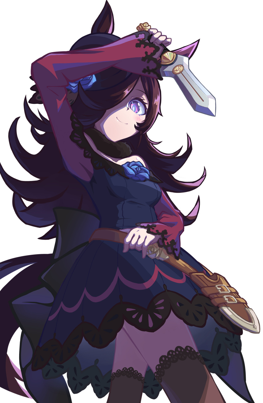 1girl, absurdres, animal_ears, bare_shoulders, belt, black_thighhighs, blue_dress, blue_flower
