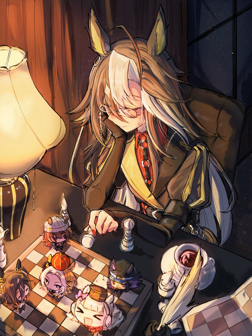 >_<, 6+girls, absurdres, ahoge, animal_ears, beanie, black_coat, black_hair, board_game, brown_hair, chair, chess, chess_piece, closed_eyes, closed_mouth, coat, collared_shirt, commentary_request, crown, cup, dream_journey_(reminder_of_dreamland)_(umamusume), dream_journey_(umamusume), dress, ear_covers, ears_through_headwear, eyewear_strap, fenomeno_(black_flames_of_the_righteous_spirit)_(umamusume), fenomeno_(umamusume), glasses, gloves, gold_ship_(red_strife)_(umamusume), gold_ship_(umamusume), hair_between_eyes, hat, head_rest, highres, holding, holding_chess_piece, horse_ears, horse_girl, horse_tail, jacket, lamp, long_hair, long_sleeves, multicolored_hair, multiple_girls, nakayama_festa_(shichuukyuukatsu)_(umamusume), nakayama_festa_(umamusume), on_chair, open_mouth, orange_hair, orfevre_(control)_(umamusume), orfevre_(umamusume), peaked_cap, quill, red_dress, red_shirt, roroko_momo, shirt, single_ear_cover, sitting, smile, stay_gold_(sunlit_outsider)_(umamusume), stay_gold_(umamusume), stay_gold_clan_(umamusume), tail, tea, teacup, two-tone_hair, umamusume, violet_eyes, white_hair