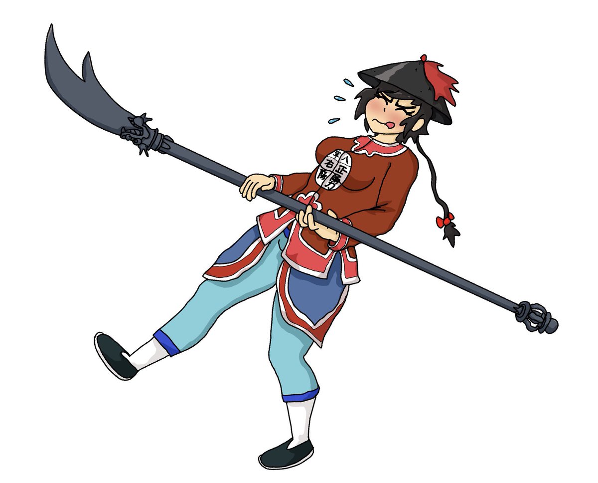 closed_eyes, flying_sweatdrops, heavy_object, holding, holding_polearm, holding_weapon, original, polearm