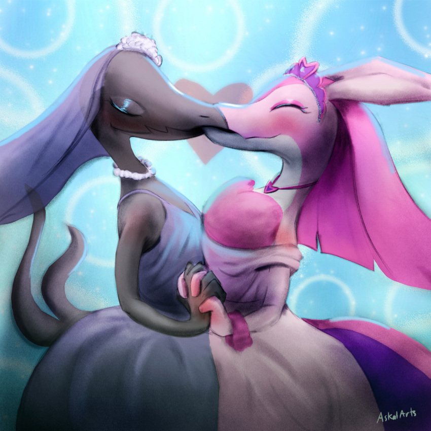2girls, askalarts, black_skin, blue_background, colored_skin, couple, dress, heart, highres, holding_hands, jewelry, kiss, lizard, lovander, multiple_girls, necklace, palworld, pearl_necklace, pink_skin, pokemon, pokemon_(creature), salazzle, tail, veil, wedding, wedding_dress, yuri