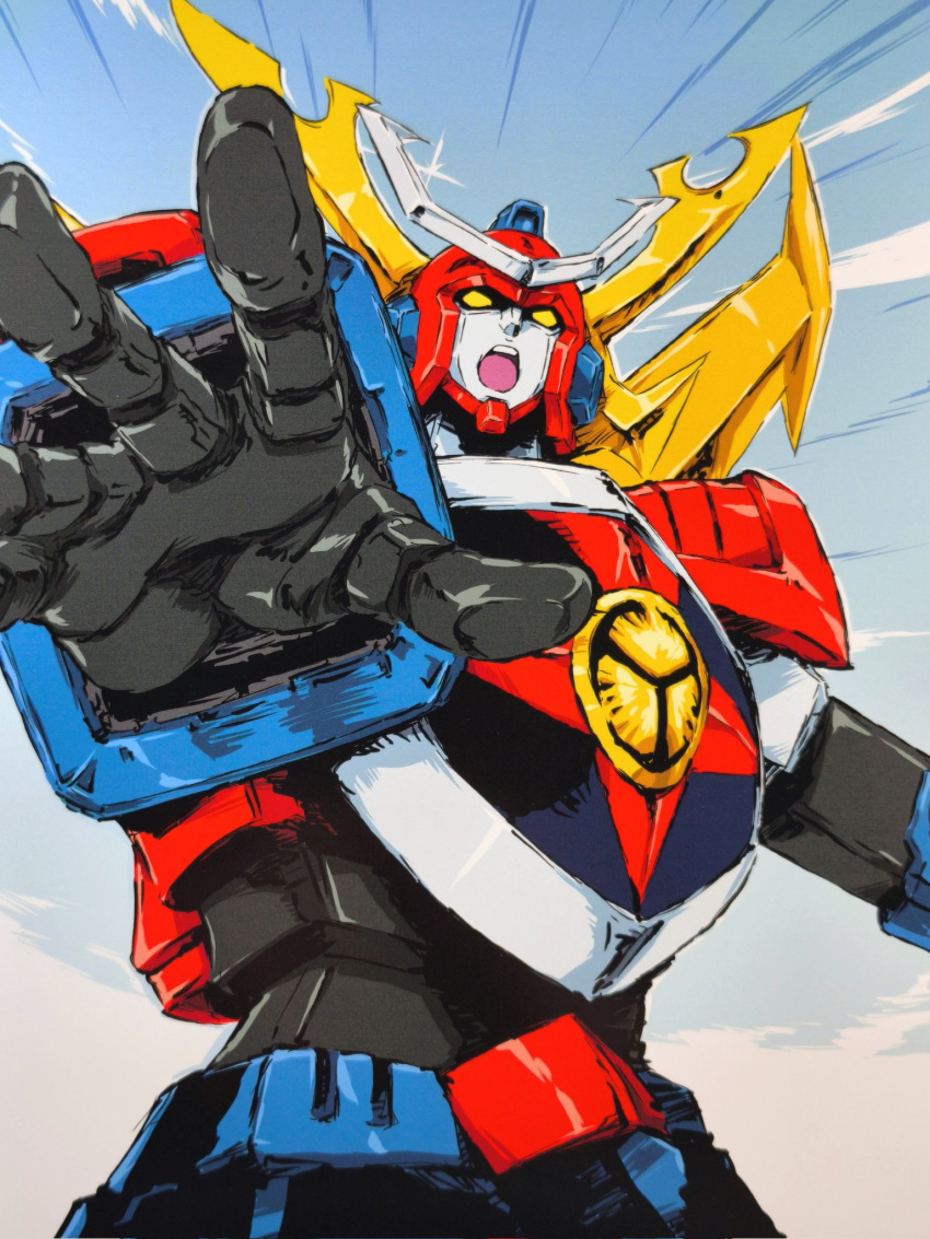 commentary_request, daiooja, foreshortening, highres, mecha, mecha_focus, no_humans, open_hand