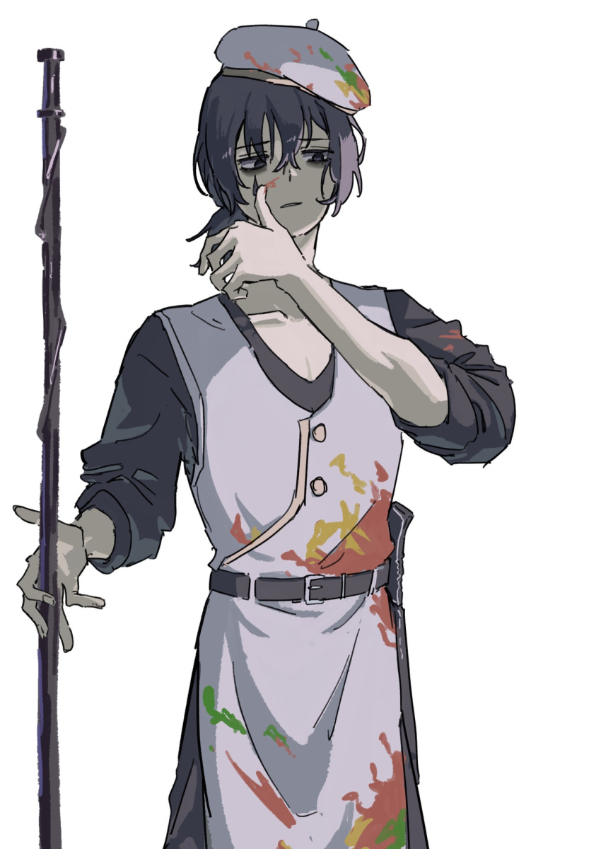 1boy, apron, bags_under_eyes, belt, beret, black_eyes, black_hair, black_shirt
