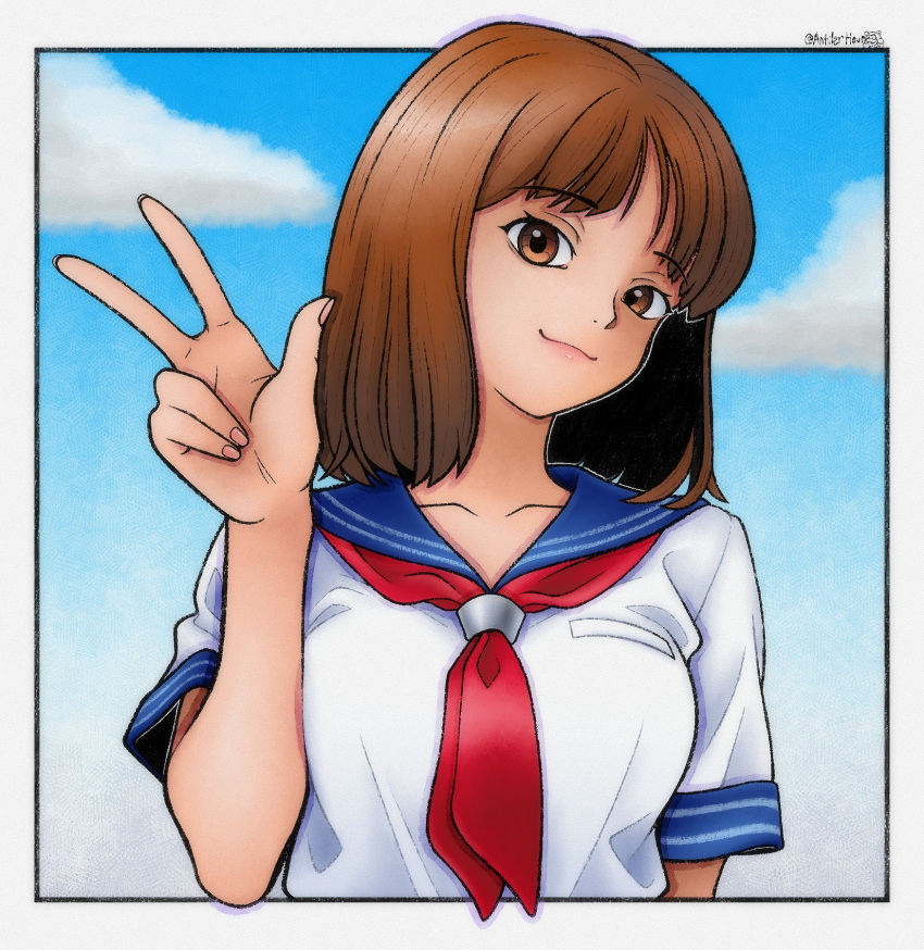 1girl, antilerhour, artist_name, blue_sailor_collar, blue_sky, breast_pocket, brown_eyes, brown_hair