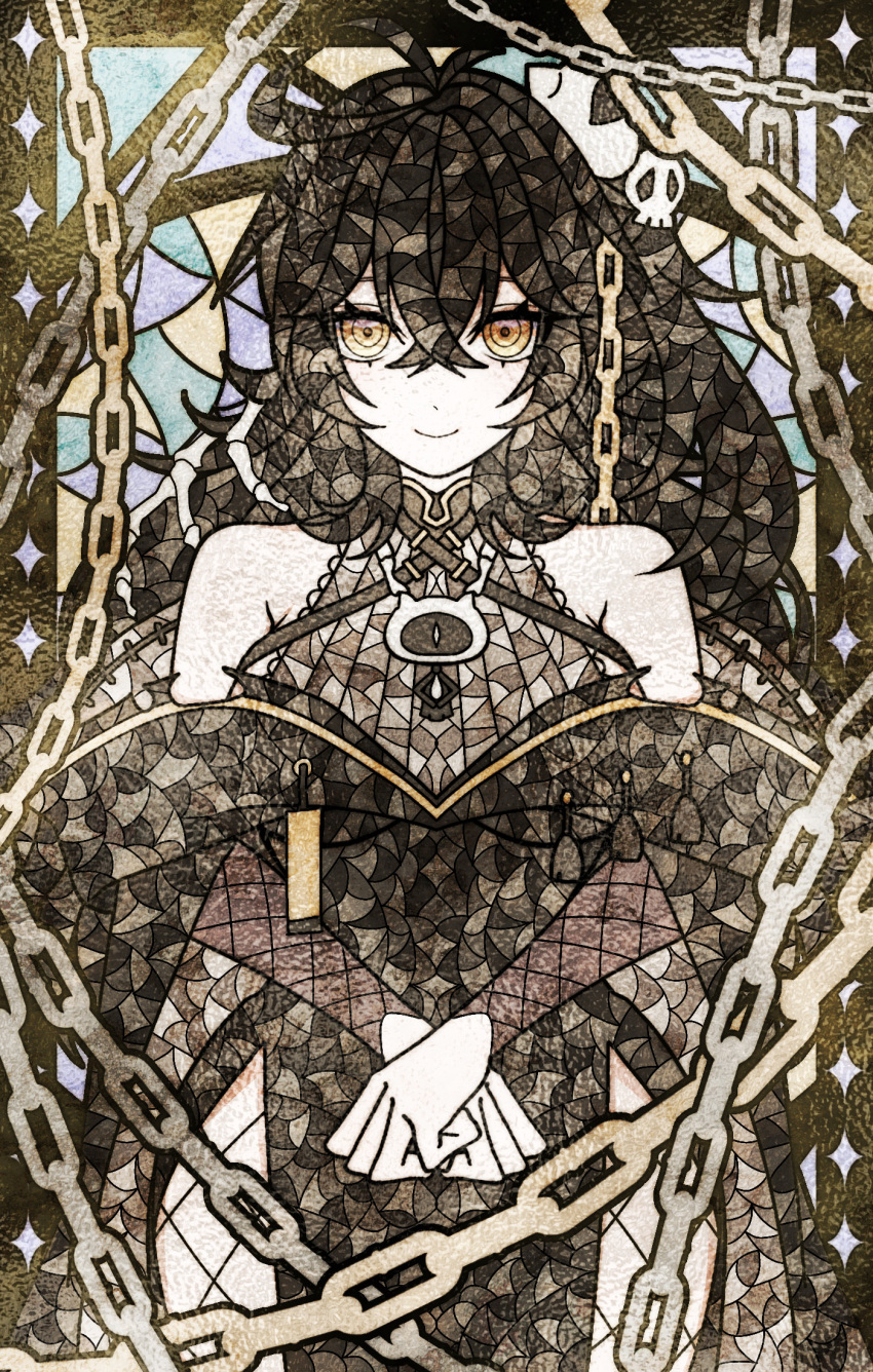 1girl, ahoge, bare_shoulders, black_coat, black_hair, bone_hair_ornament, chain, coat