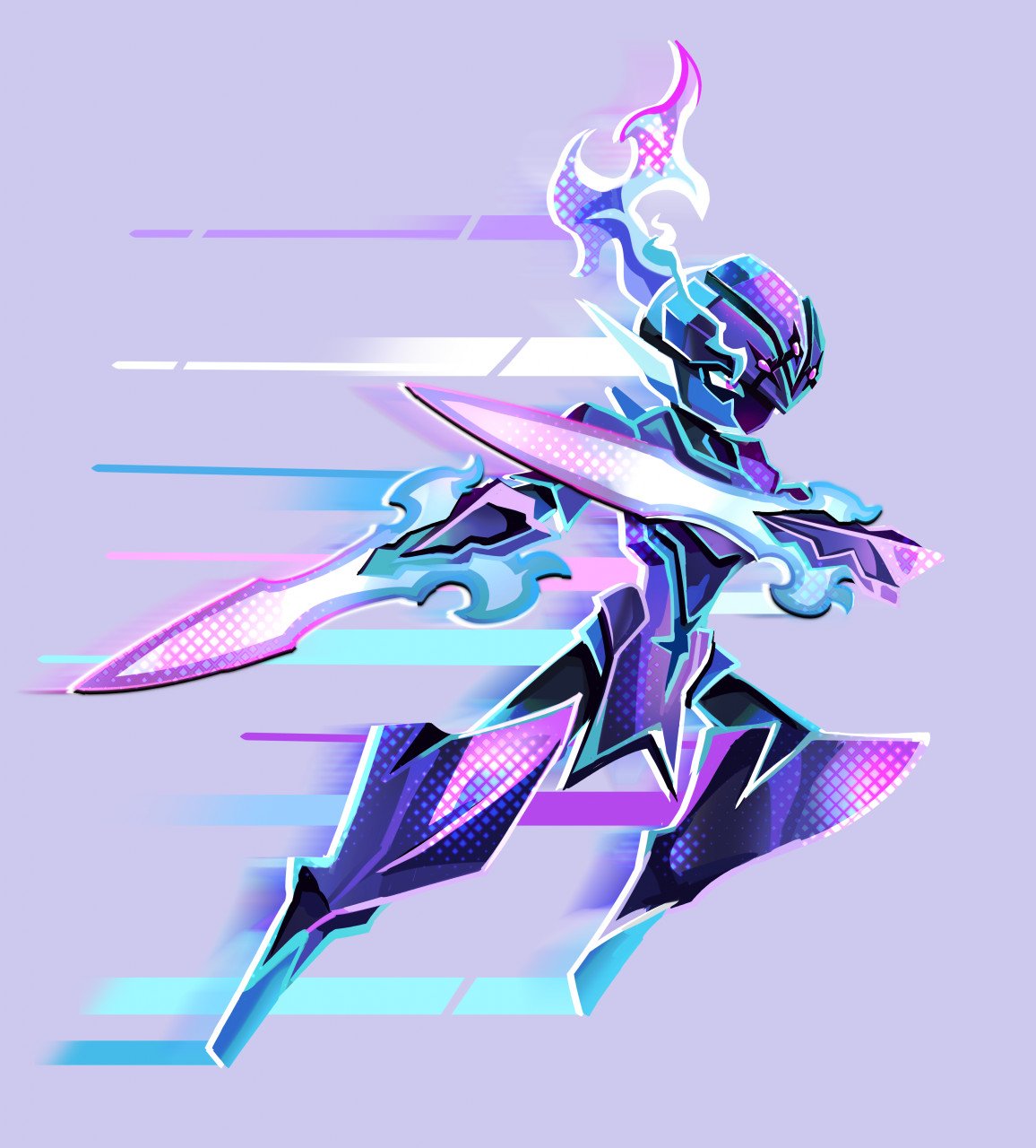 arm_blade, armor, ceruledge, commentary, fire, full_body, helmet, highres, knight, nebularobo, pokemon, pokemon_(creature), purple_armor, purple_background, purple_fire, purple_helmet, solo, sword, violet_eyes, weapon