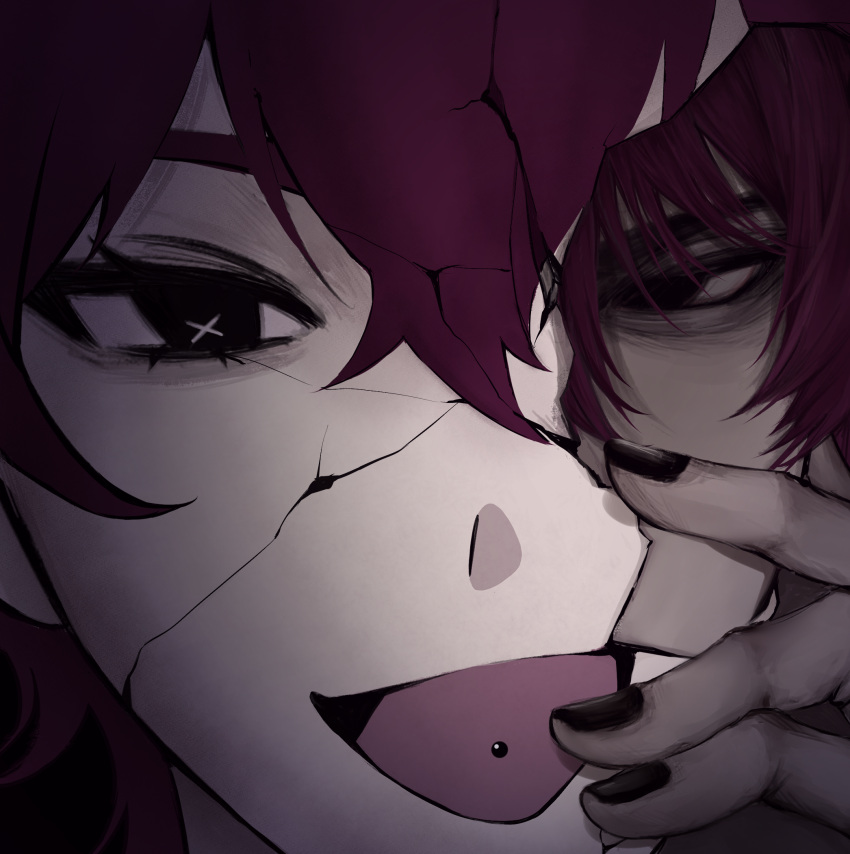 1boy, aegyo_sal, aweseir, bags_under_eyes, black_eyes, close-up, cracked_kawaii_mask, cracked_mask