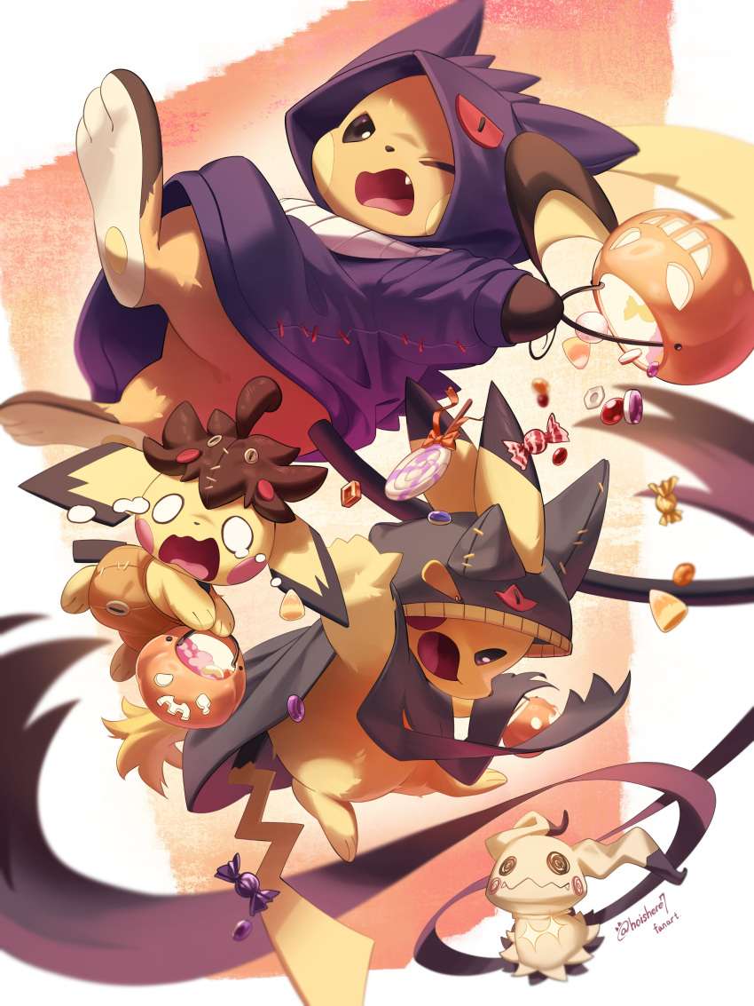 absurdres, banette, banette_(cosplay), black_eyes, bright_pupils, candy, cosplay, evolutionary_line, food, full_body, gengar, gengar_(cosplay), halloween, halloween_bucket, highres, hoishere7, mimikyu, one_eye_closed, open_mouth, pichu, pikachu, pokemon, pokemon_(creature), pumpkaboo, pumpkaboo_(cosplay), raichu, tears, white_pupils, wrapped_candy