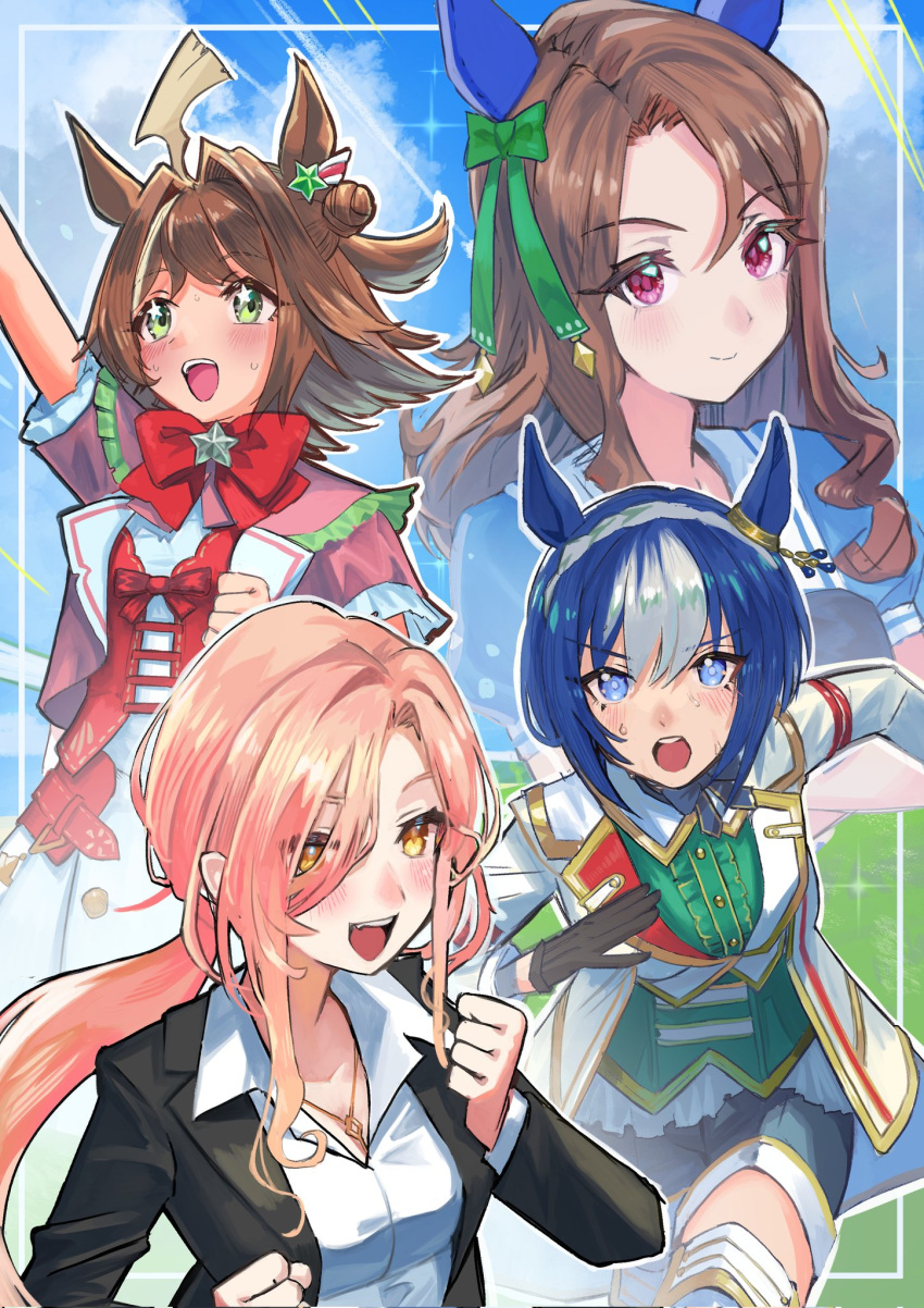 4girls, ahoge, animal_ears, black_gloves, black_jacket, blonde_hair, blue_eyes, blue_hair