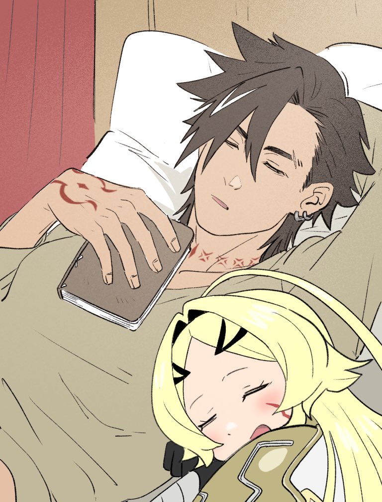 1boy, 1girl, ahoge, arm_behind_head, blonde_hair, book, brown_hair, closed_eyes