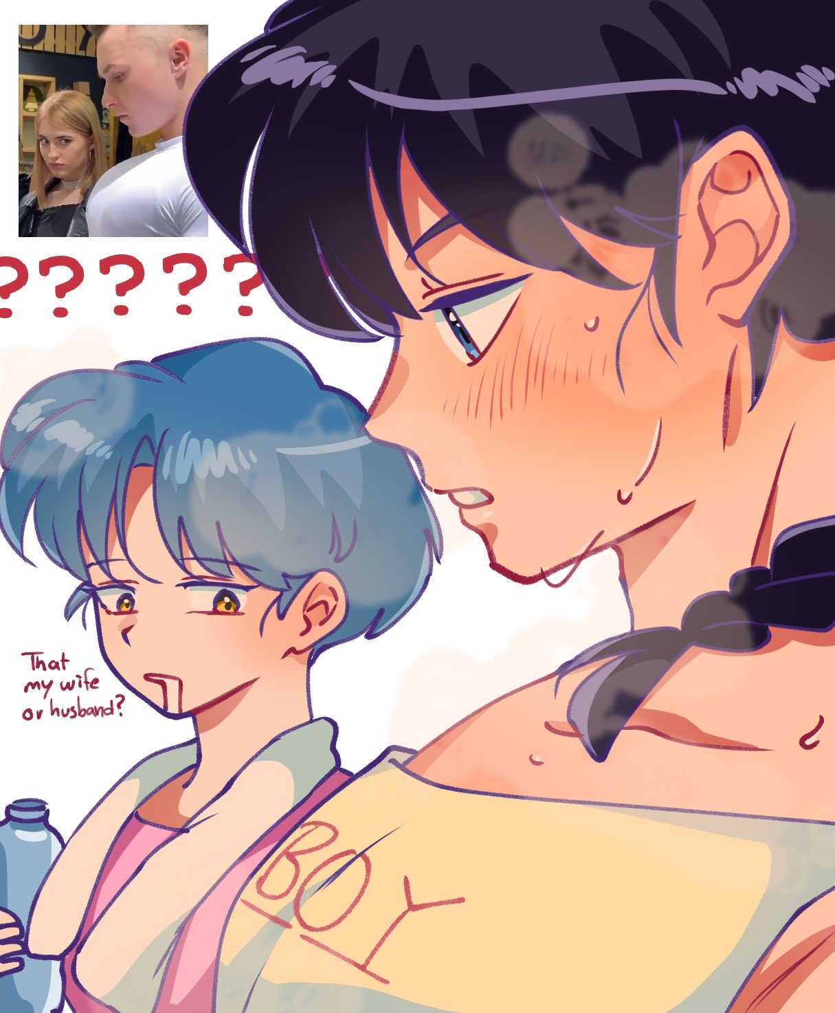 1boy, 1girl, ?, ??, black_hair, blue_eyes, blue_hair, commentary