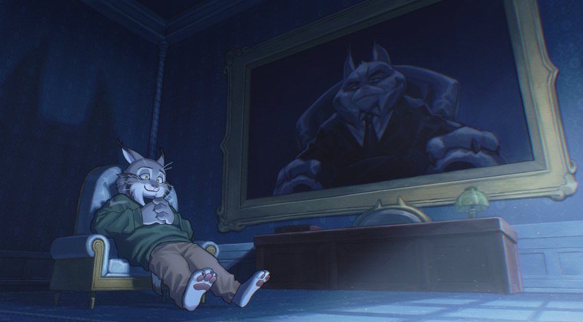 1boy, animal_ears, barefoot, brown_pants, cat_boy, cat_ears, chair, claws, closed_mouth, commentary, desk, furry, furry_male, green_sweater, highres, lamp, looking_down, male_focus, milton_lynxley, on_chair, own_hands_together, pants, pawbert_lynxley, pawpads, photo_(object), picture_frame, sitting, smile, sweater, whiskers, yow, zootopia, zootopia_2